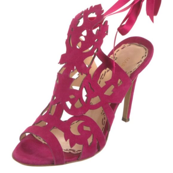 💕 Marchesa “Jessica” Hot Pink Suede Laser-Cut Gladiator Heels Ribbon Lace-Up  8 - Picture 3 of 7